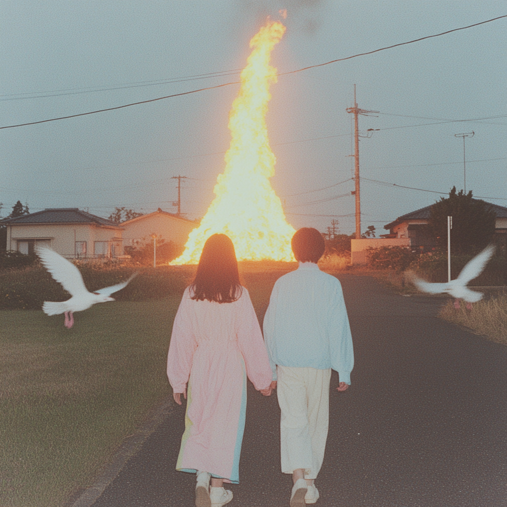 Young couple walking into fireball with white birds.