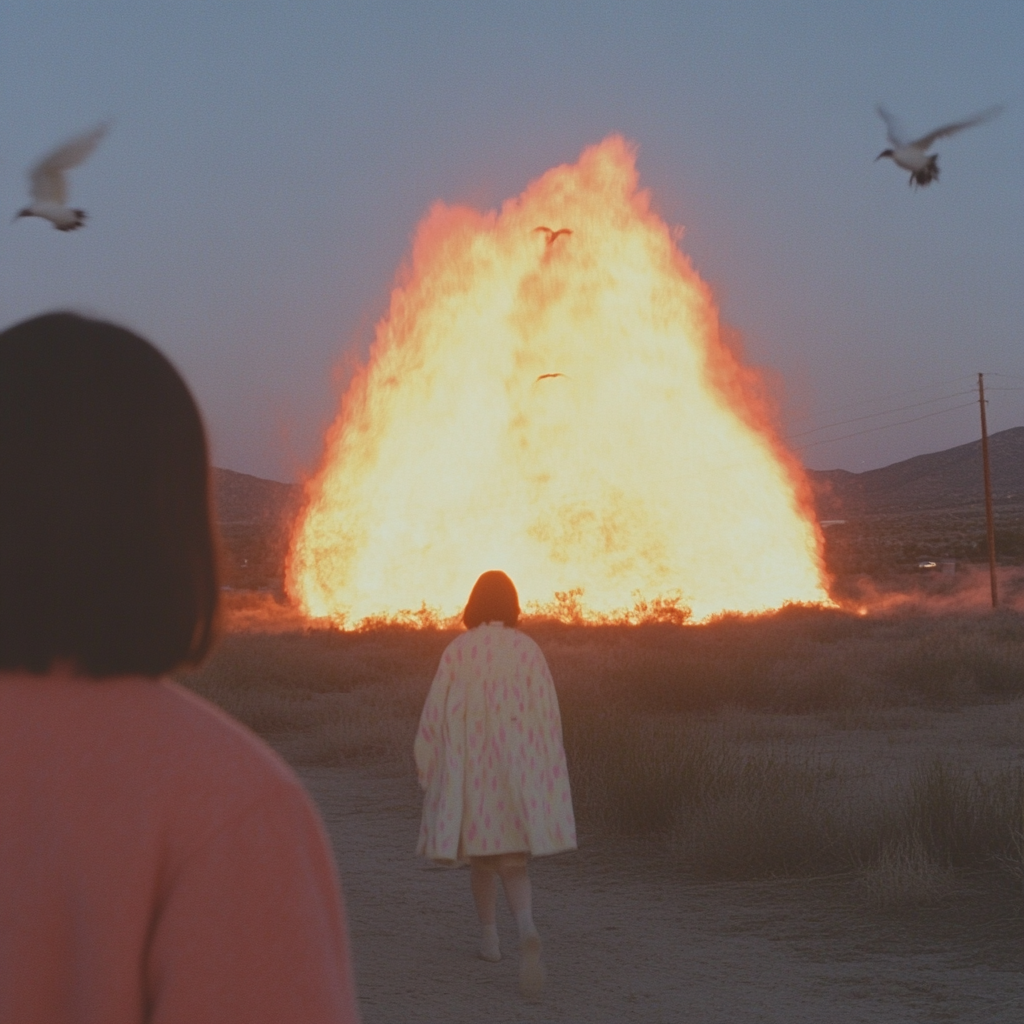 Young couple walking into flames with white birds.