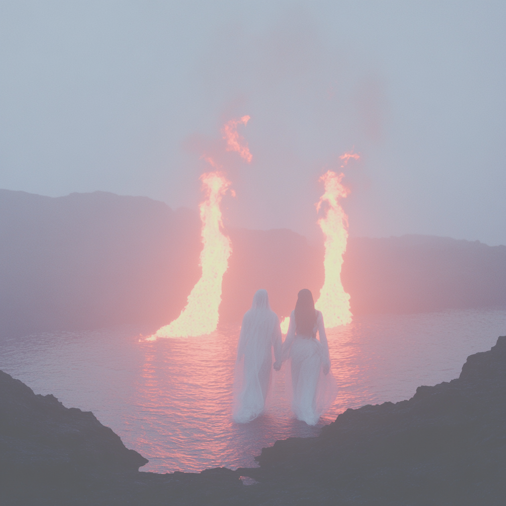 Young couple walking to huge fire on sea.