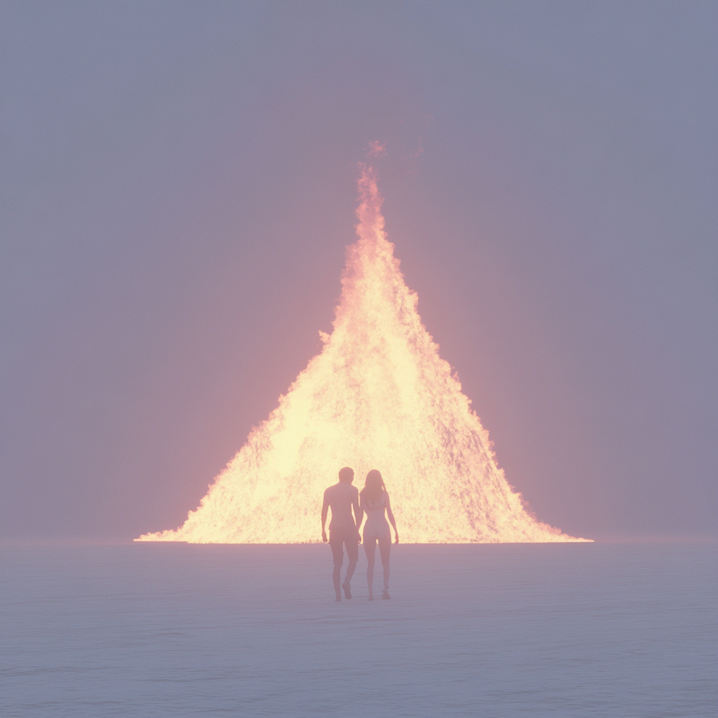 Young couple walking towards massive fire in sea.