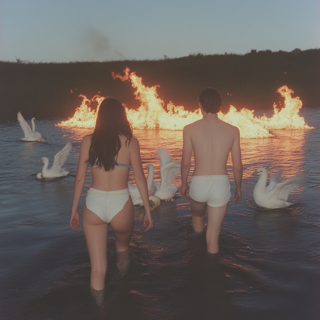 Young couple walks into burning sea, surrounded by birds.