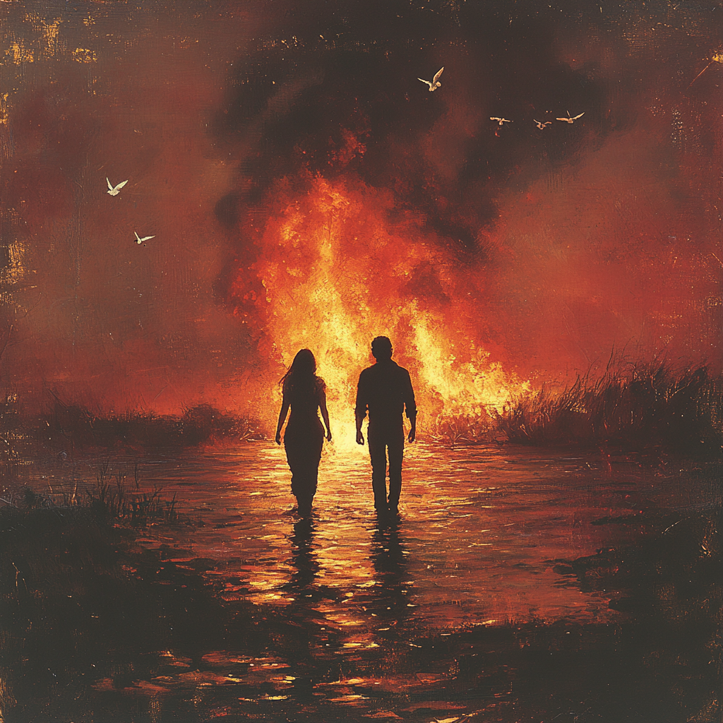 Young couple walks towards huge fire in sea.