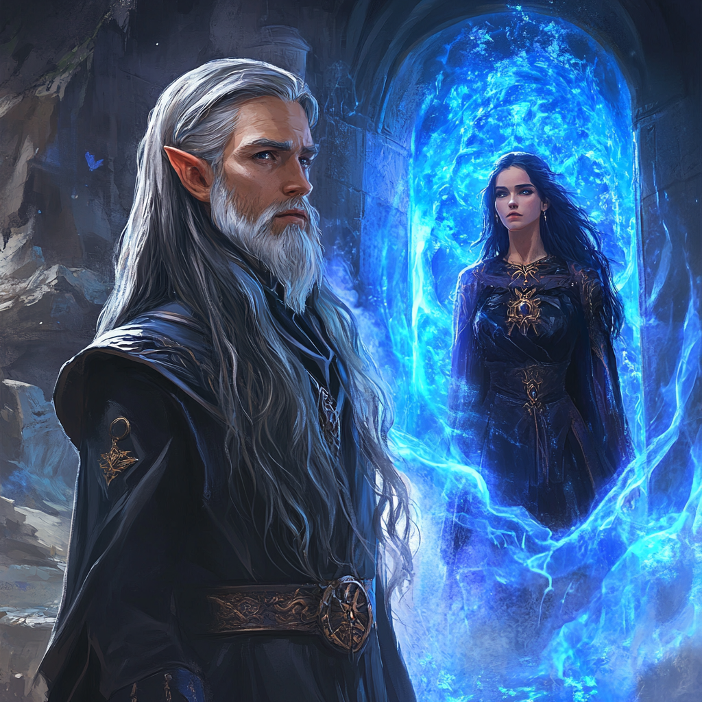 Young elf wizard with grey hair faces queen and portal.