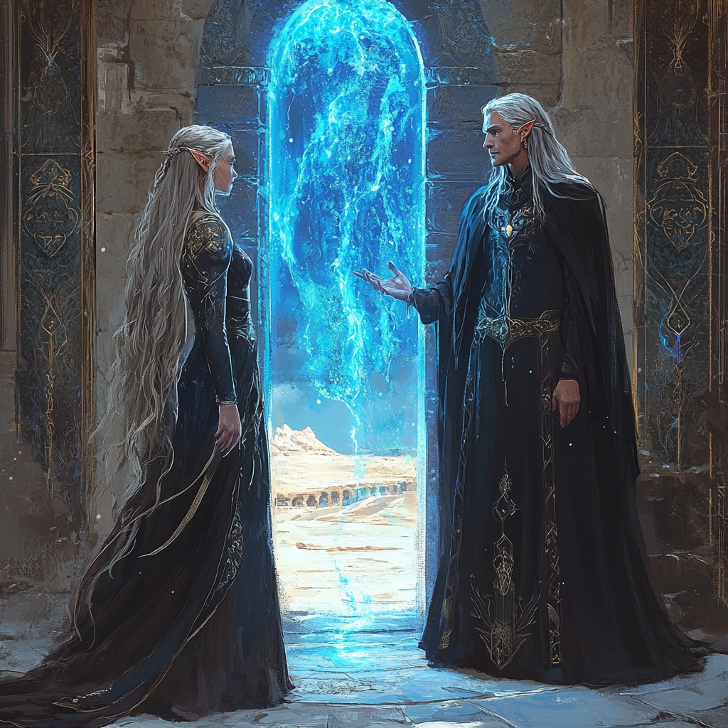 Young elf wizard with queen in castle, blue portal.