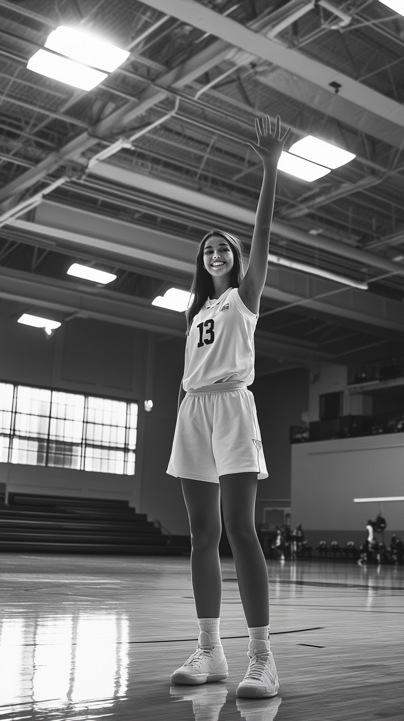 Young female basketball player waving, smiling on court.