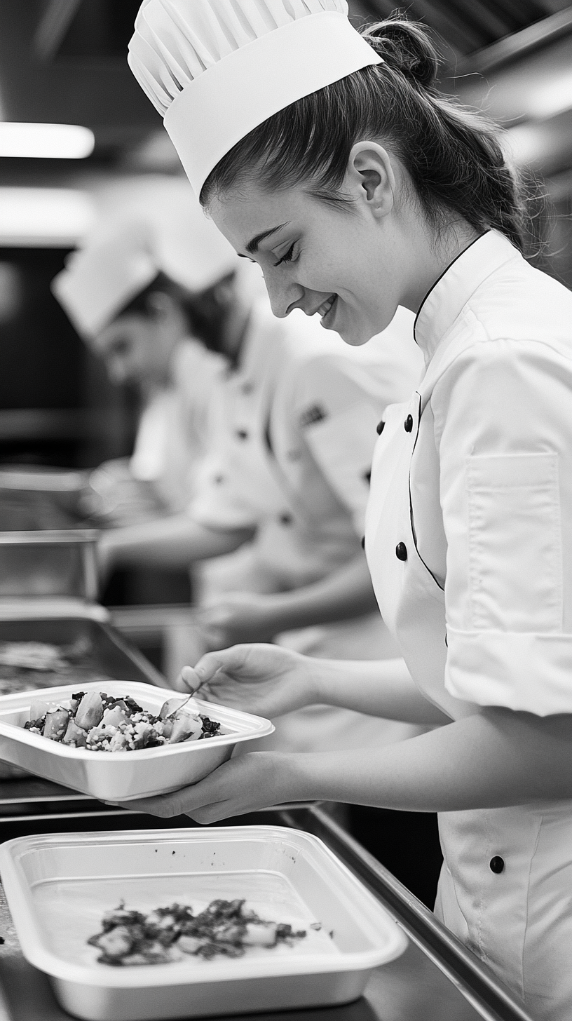 Young female chef plates meal in commercial kitchen, smiling.