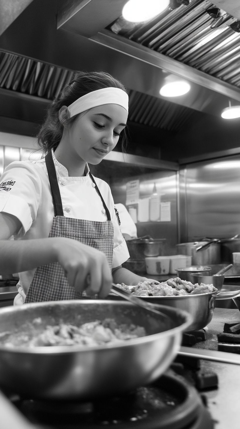 Young female chef smiles, cooks chicken curry. Black/White.