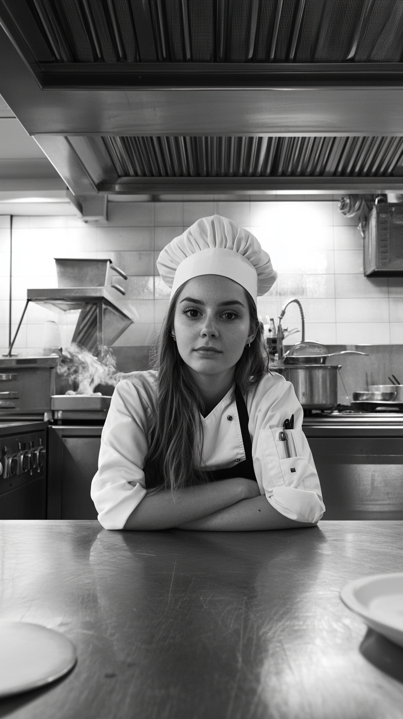 Young female chef smiles, with chicken curry in kitchen.