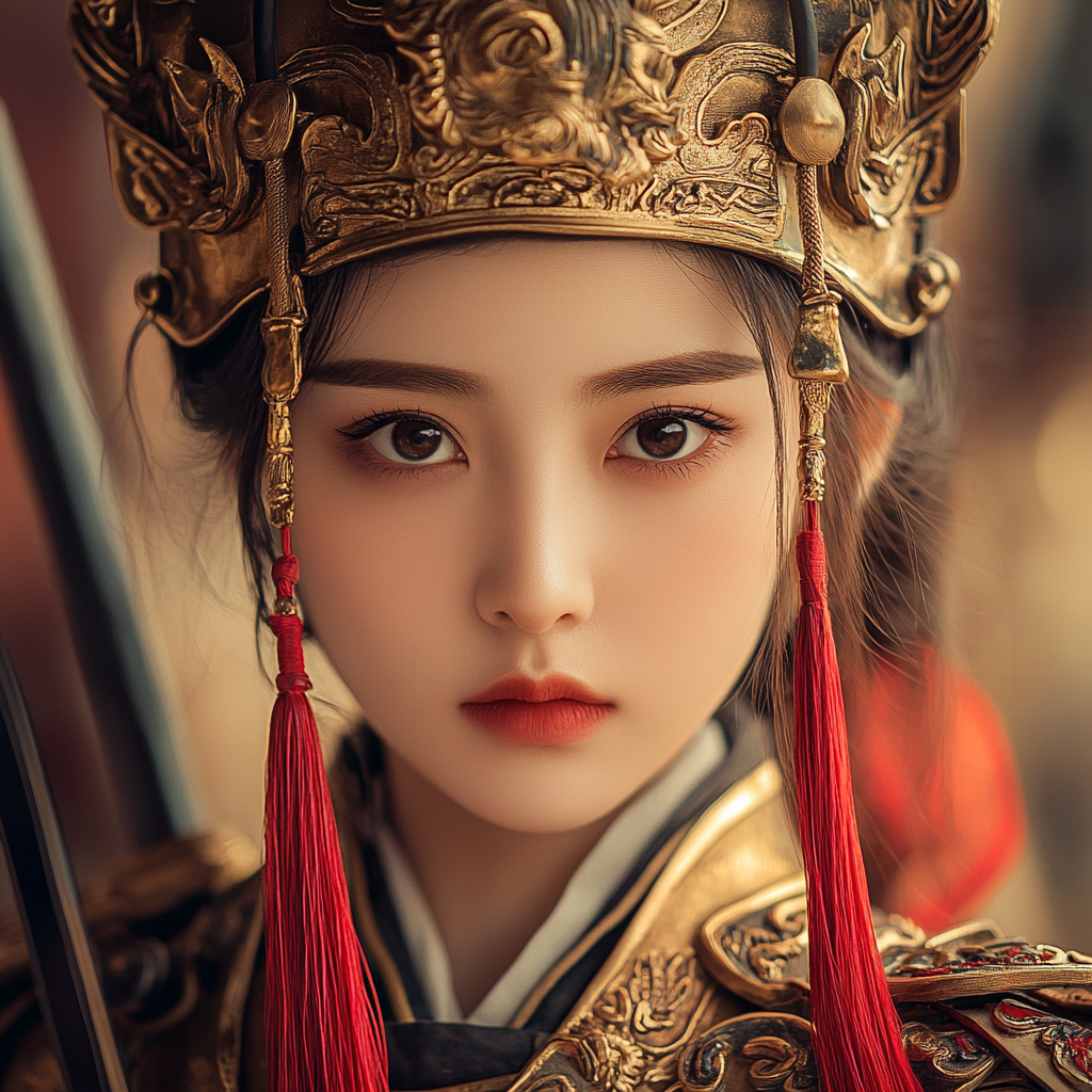 Young female general in gold Armor with Hongying gun.