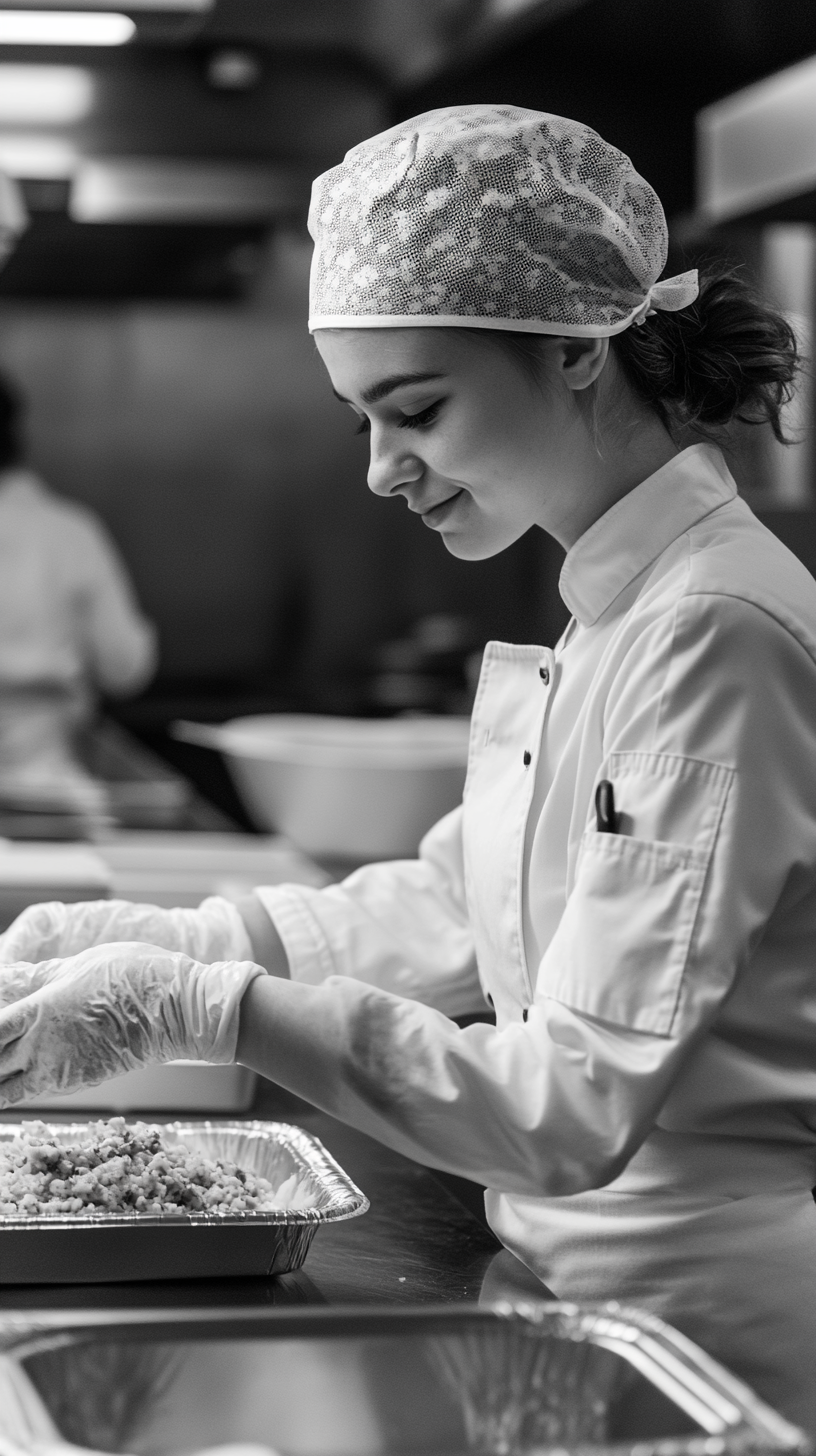 Young female student chef in commercial kitchen smiling.