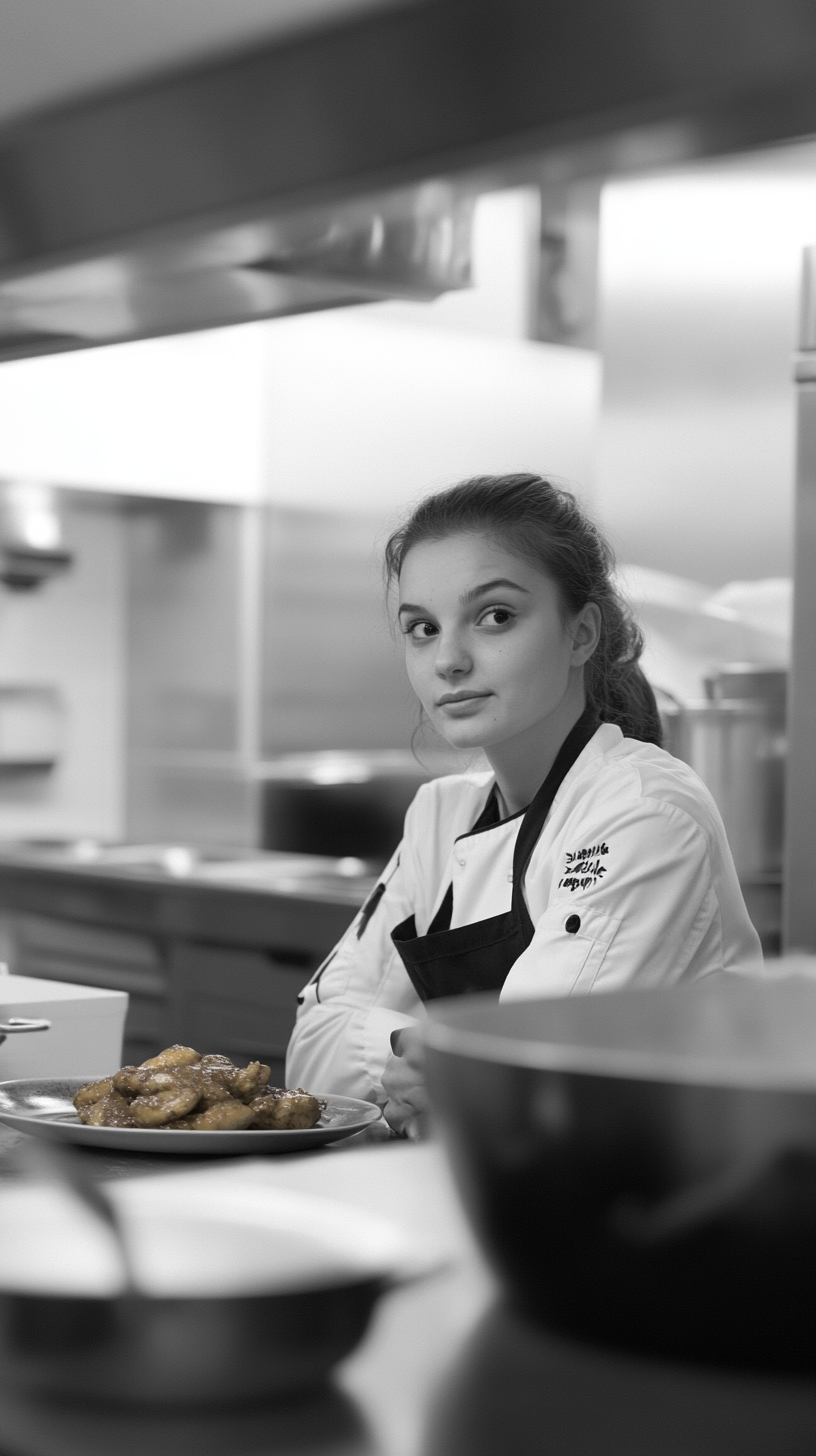 Young female student chef smiling with chicken curry.