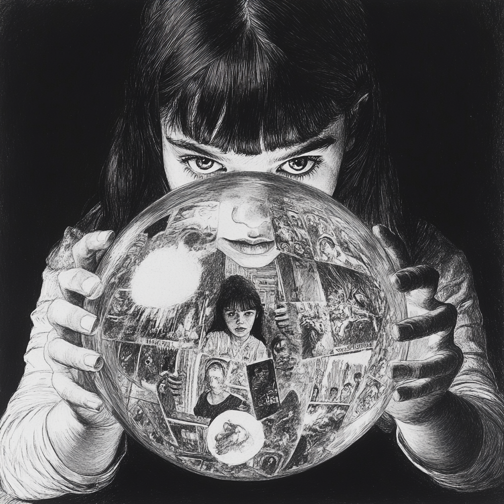 Young fortune teller girl gazes into crystal ball.