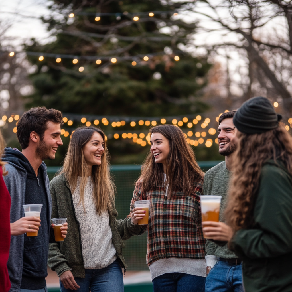 Young friends enjoy holiday darty at padel court.