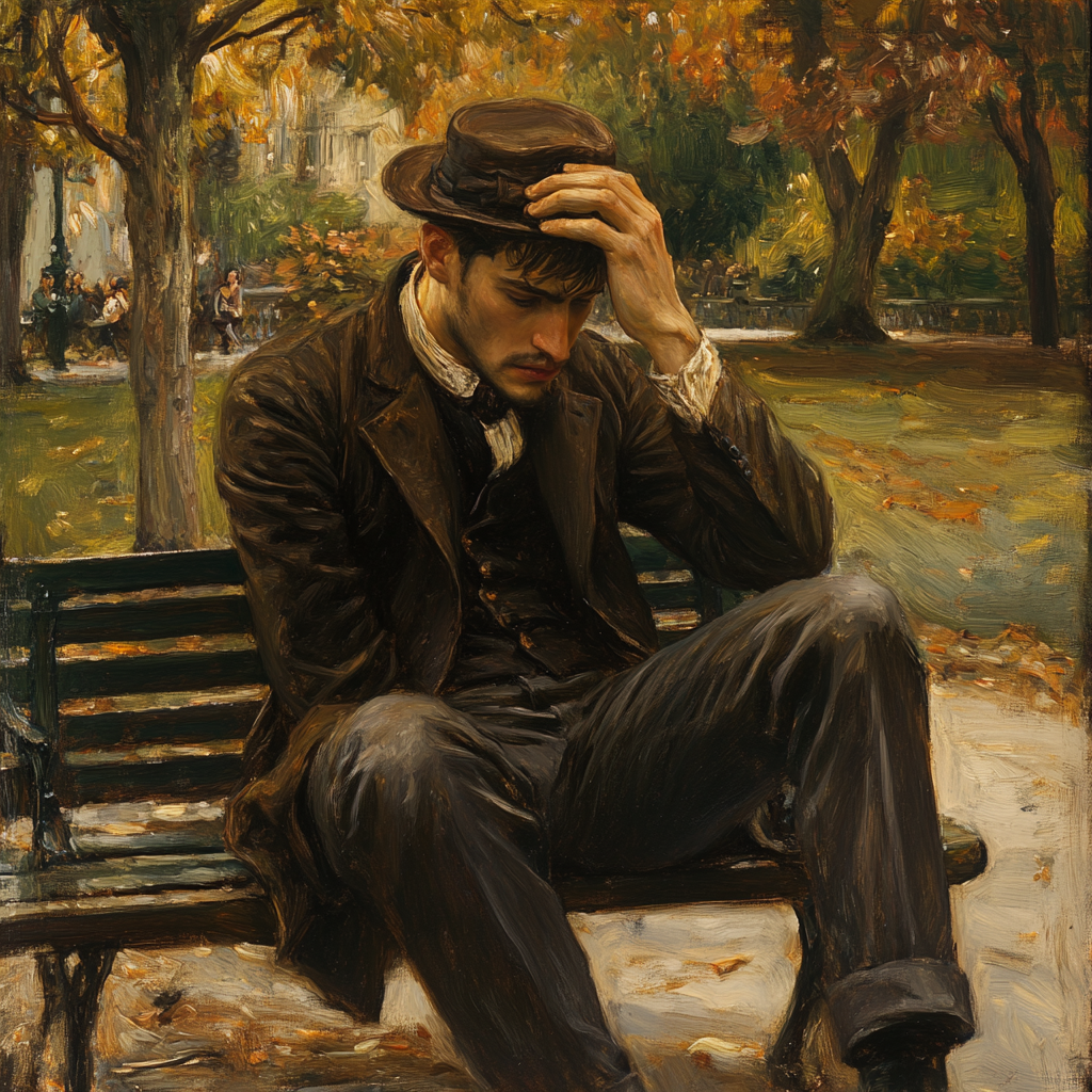 Young gentleman waiting on park bench in despair