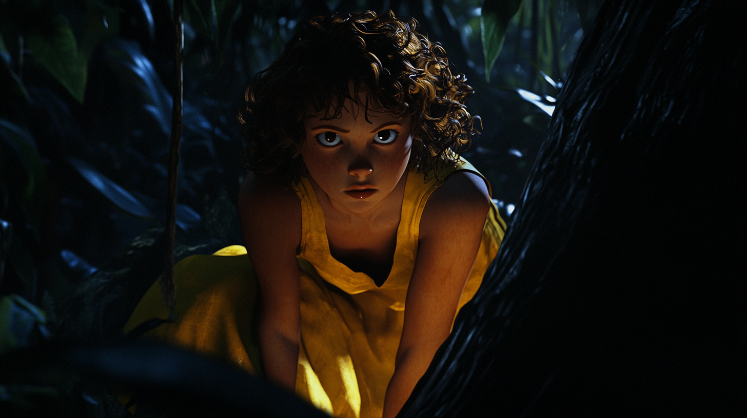 Young girl Sally hides in dark jungle space.