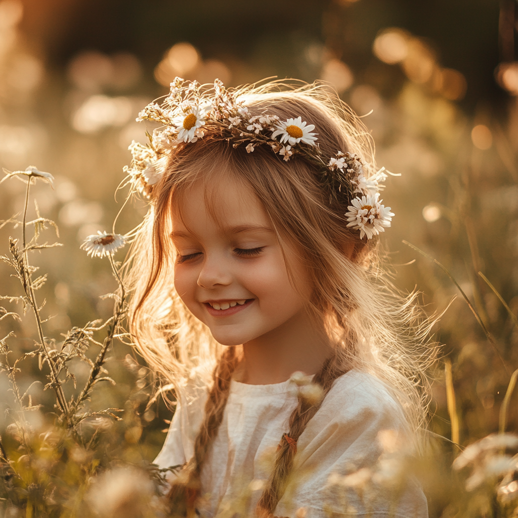 Young girl in meadow with flowers in hair, smiling.