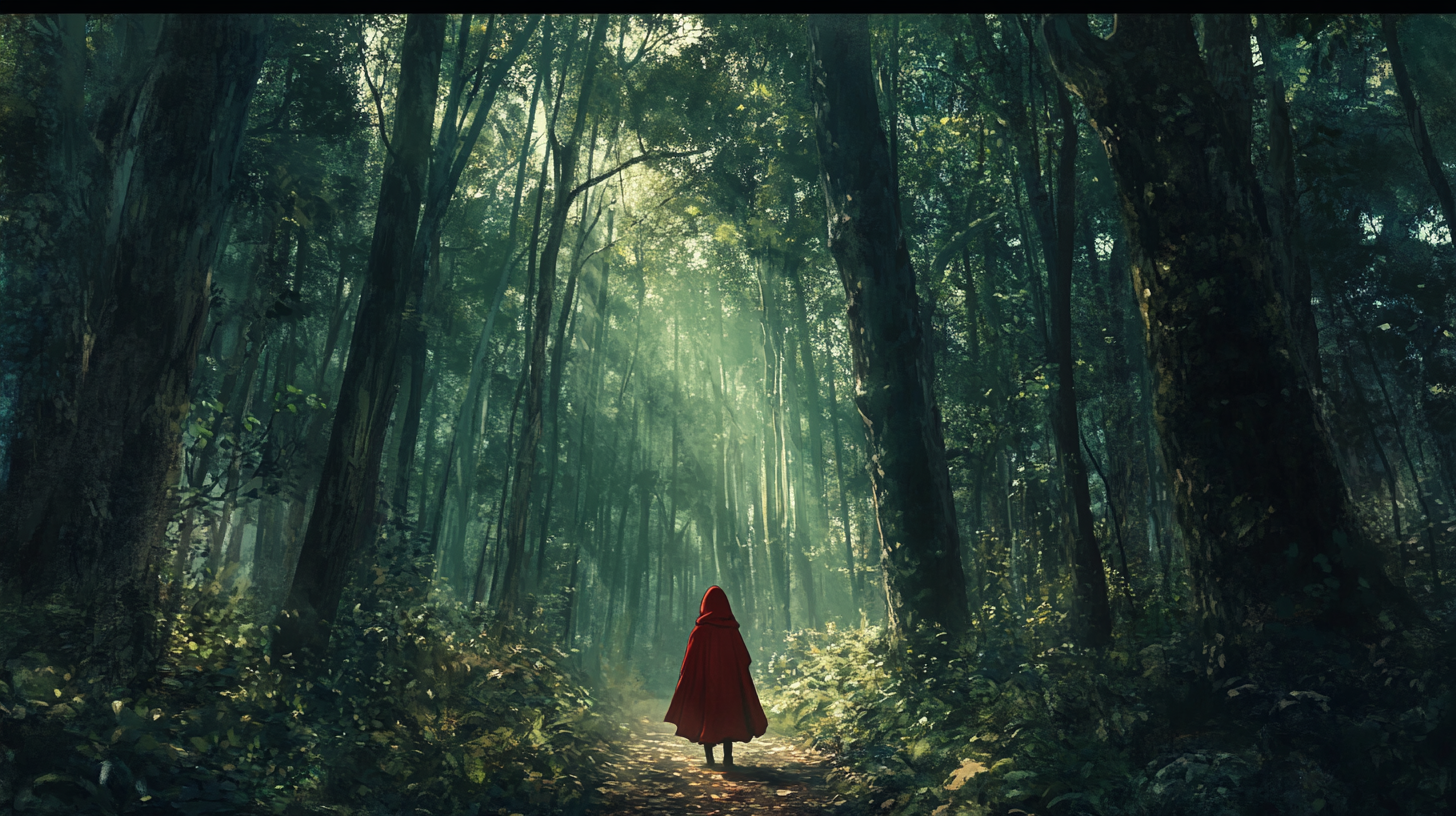 Young girl in red cloak cautiously walking through dark forest.