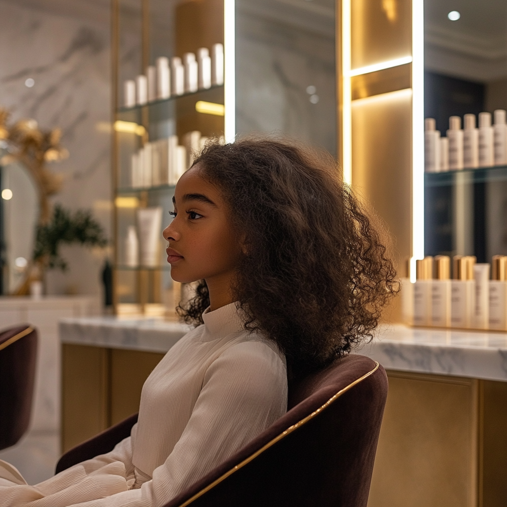 Young girl in upscale salon with luxurious ambience.