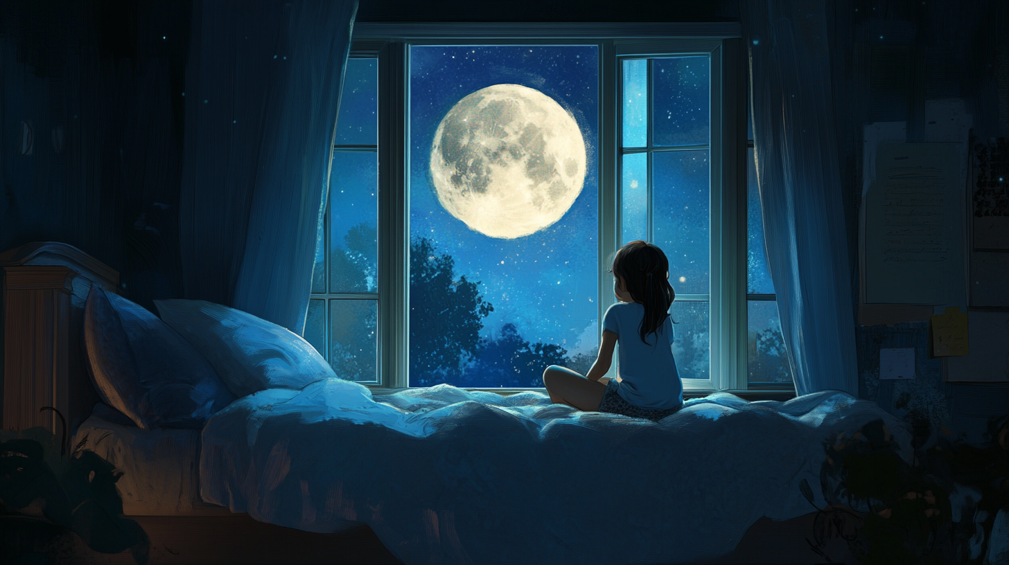 Young girl on bed, looking out window at moon.