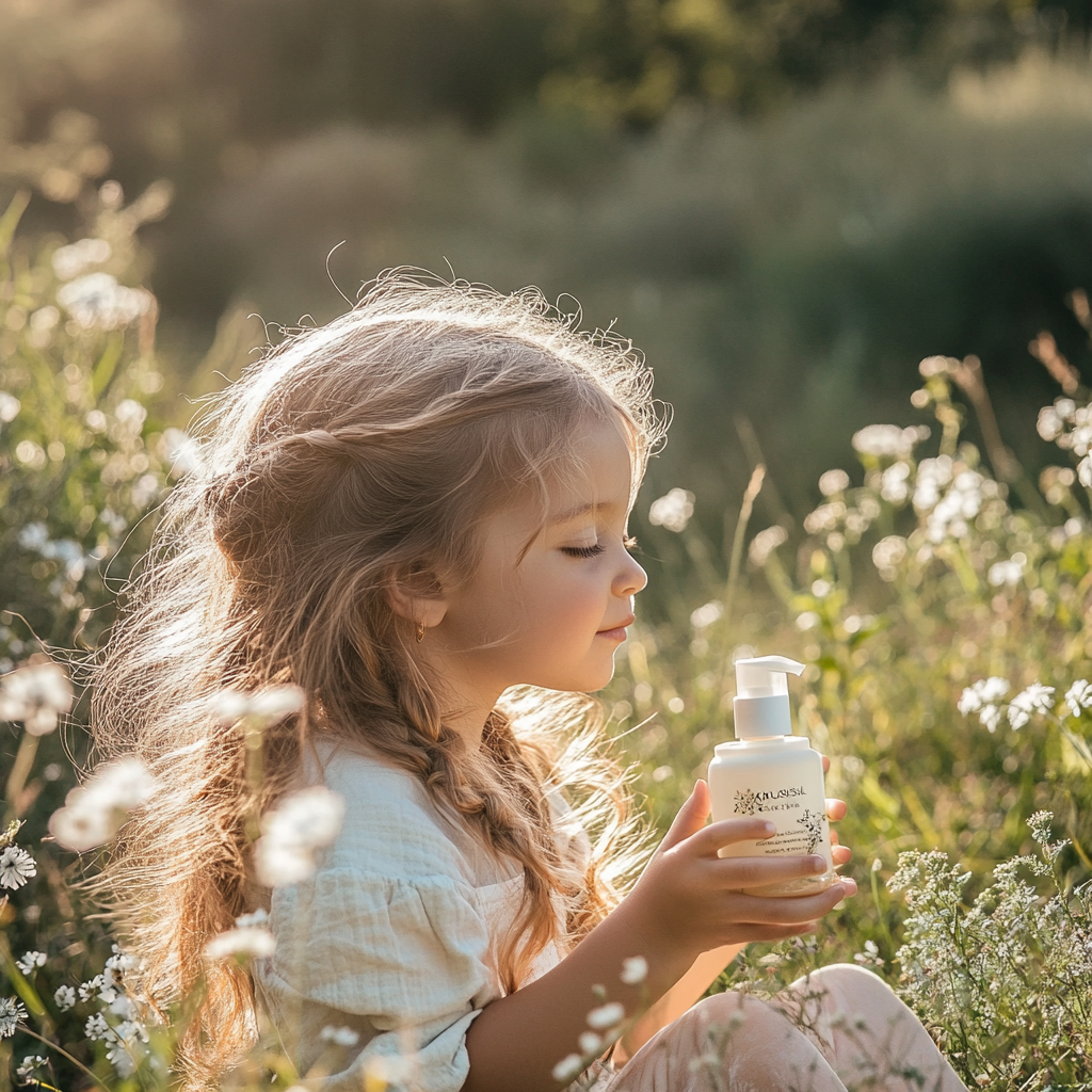 Young girl playing in sunlit field with wildflowers.