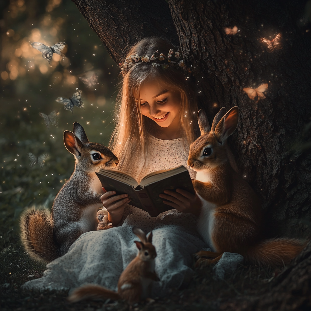 Young girl reading book under tree with forest friends