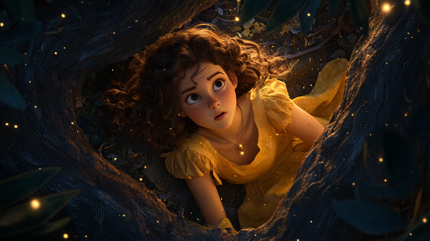 Young girl with brown curly hair in enclosed space, gazing at night sky.