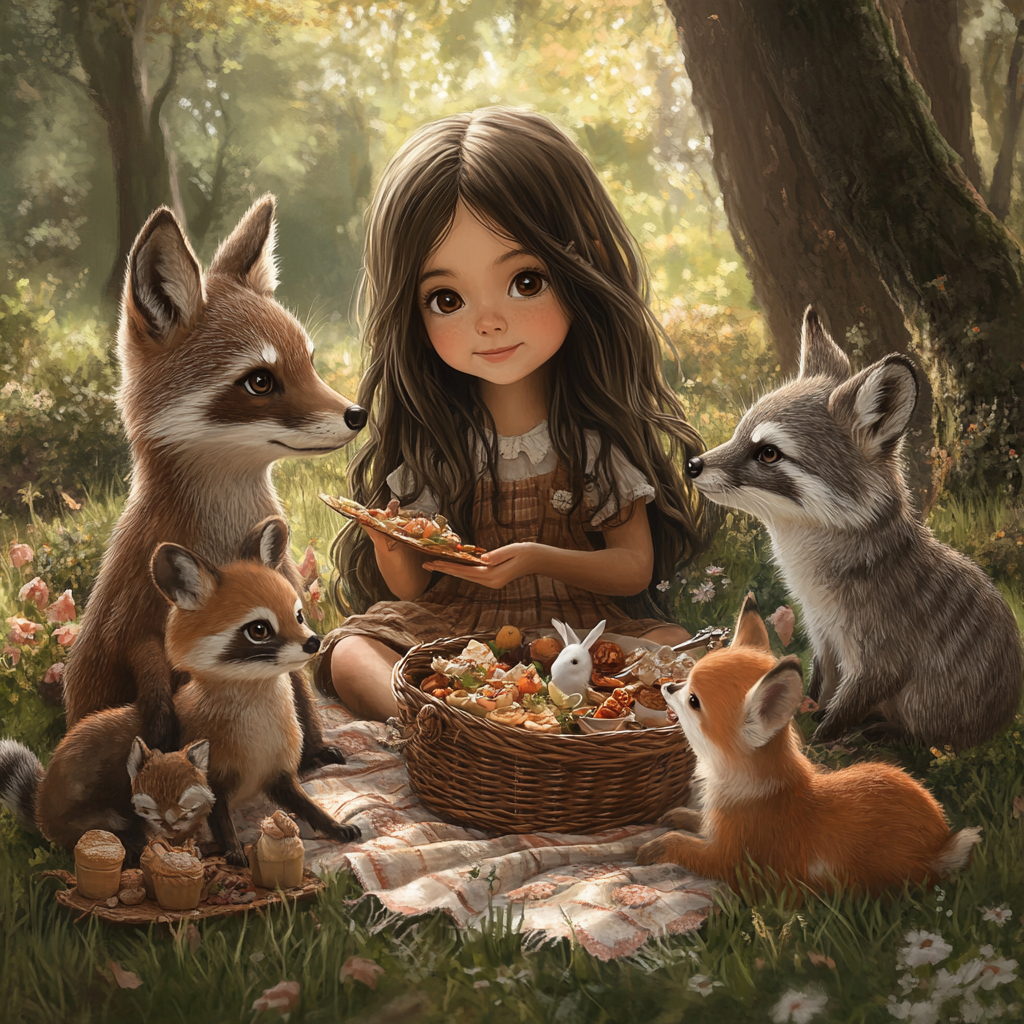 Young girl with friends, picnic in forest.