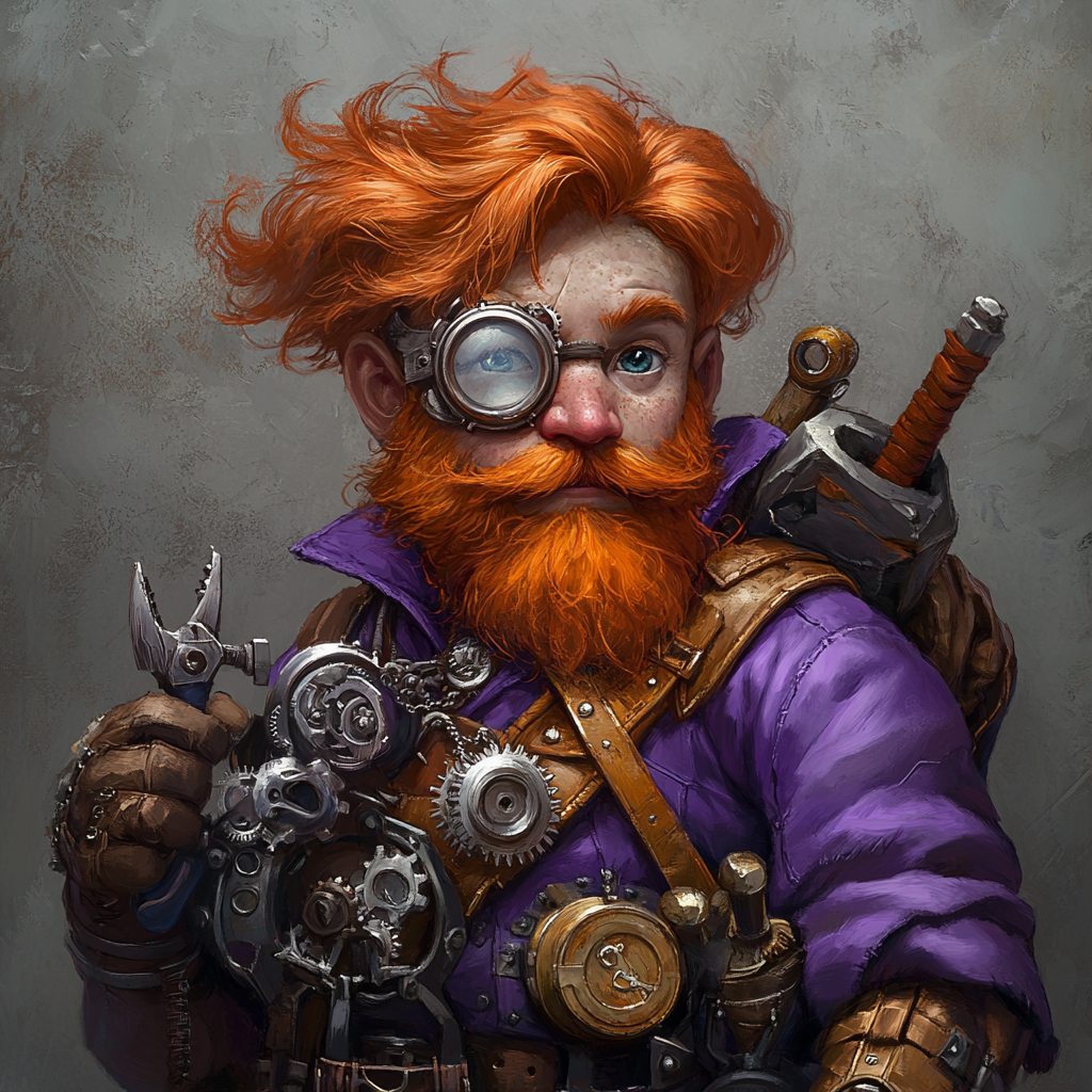 Young gnome wizard with red hair, purple tunic, carrying a shoulder bag of gears.