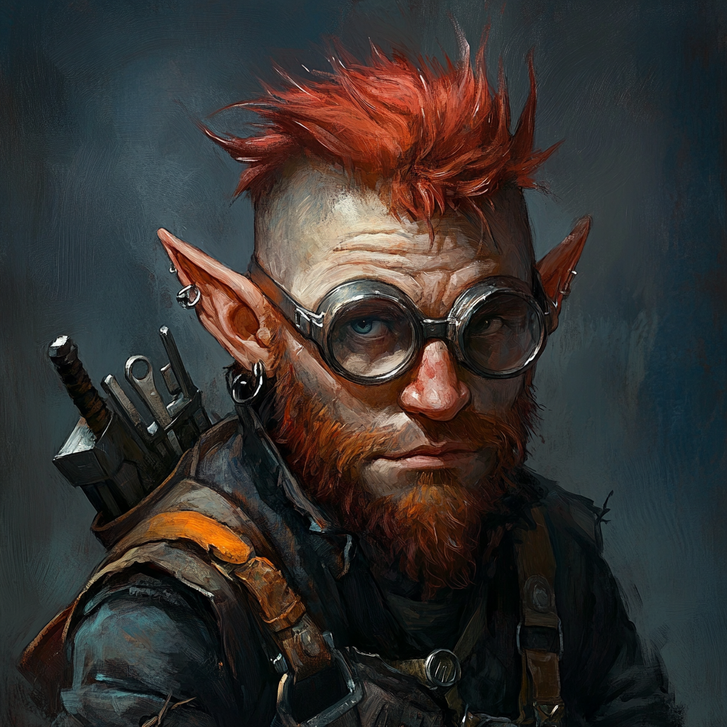 Young gnome wizard with red mohawk and dark tunic.