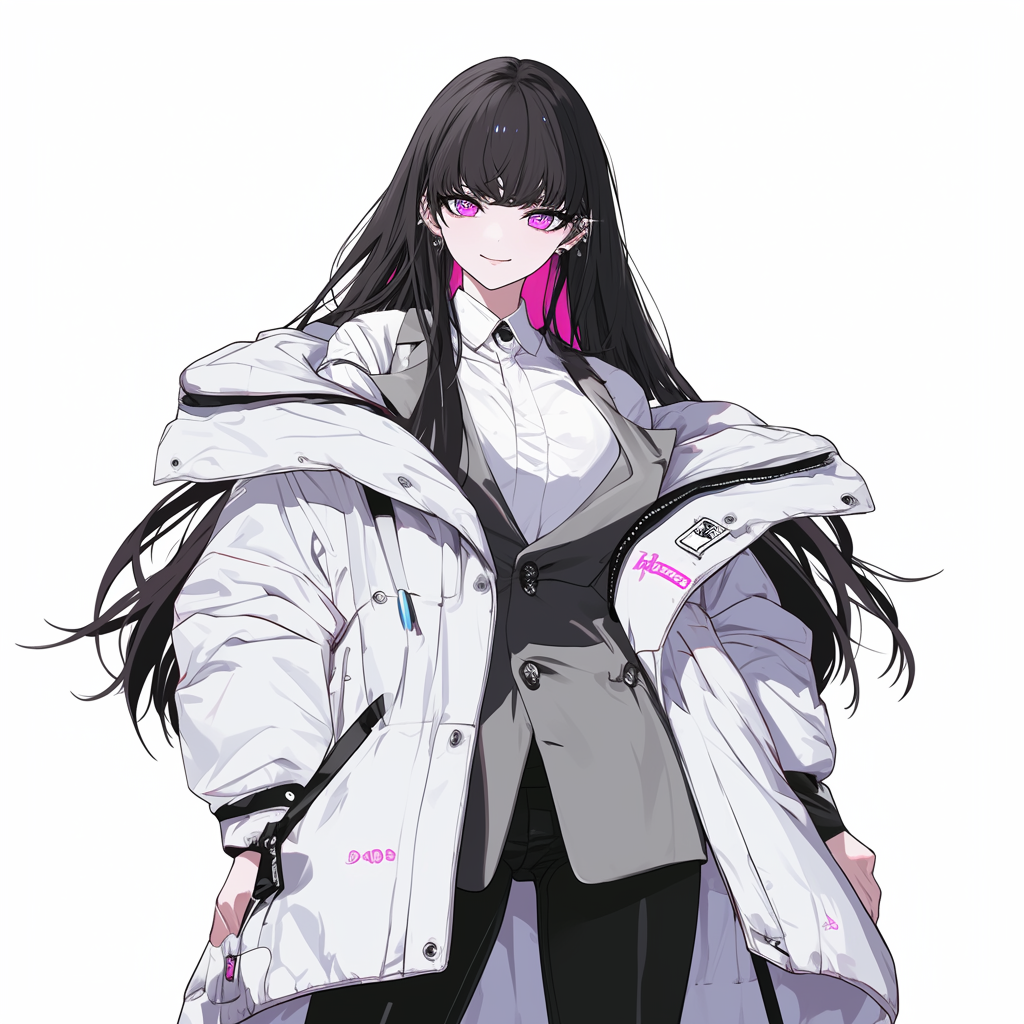 Young k-pop anime girl with black hair, smile, burgundy eyes, wearing white and grey outfit.