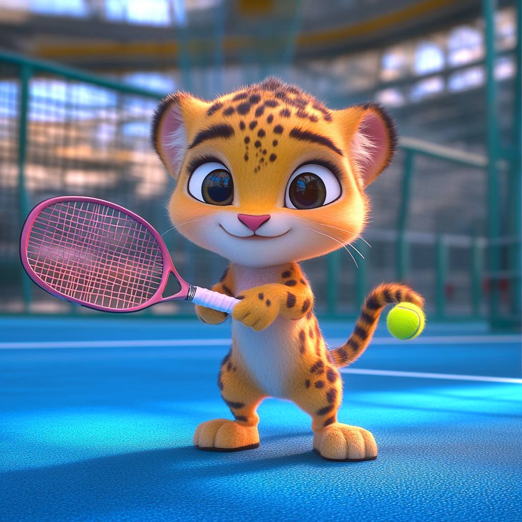 Young lion tennis player ready to play pádel. Pink shirt, blue floor, glass around court. Pixar-style animation, 3D, adorable 8K realism.