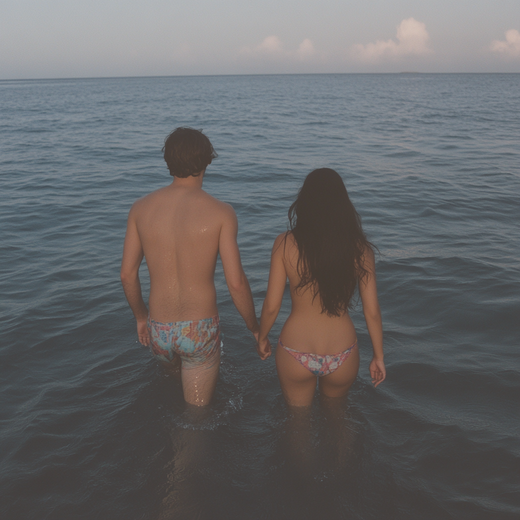 Young lover couple walking into burning sea at sunset.