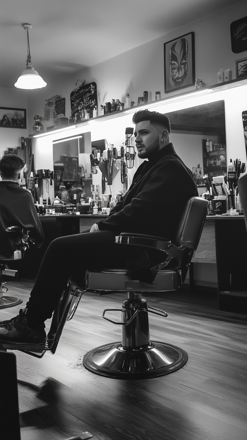 Young male barber talking to camera with clippers.