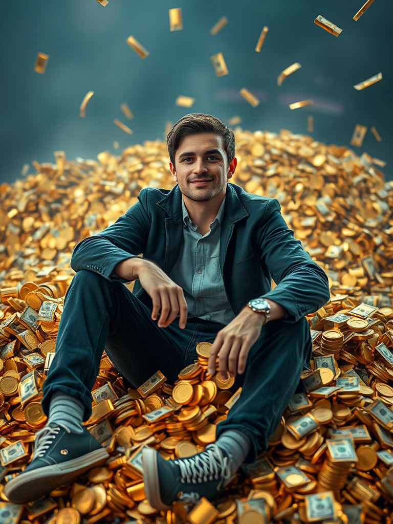 Young man, rich, sitting on pile of gold, money.