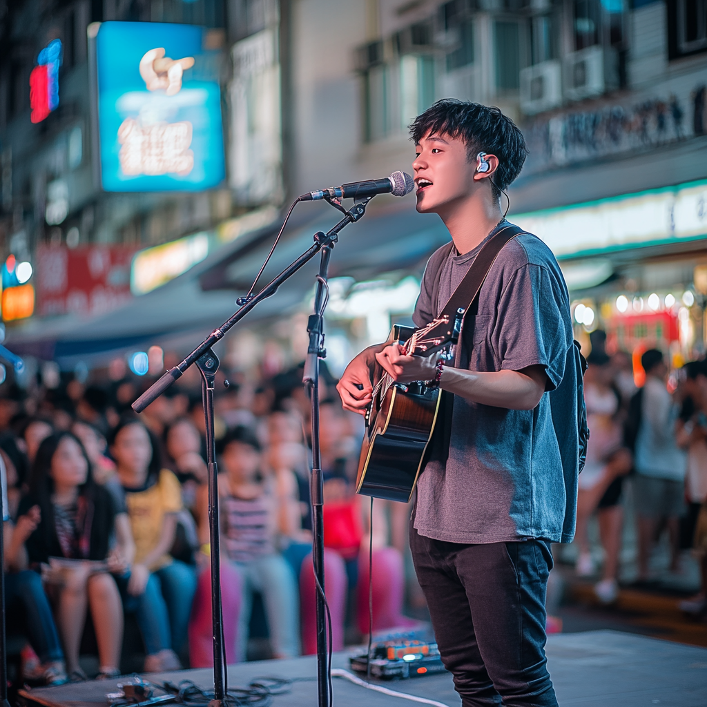 Young man and band performing at street event.