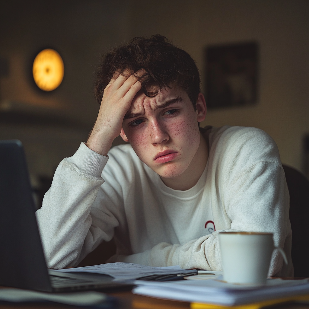 Young man at desk, tired and confused, struggling mentally.