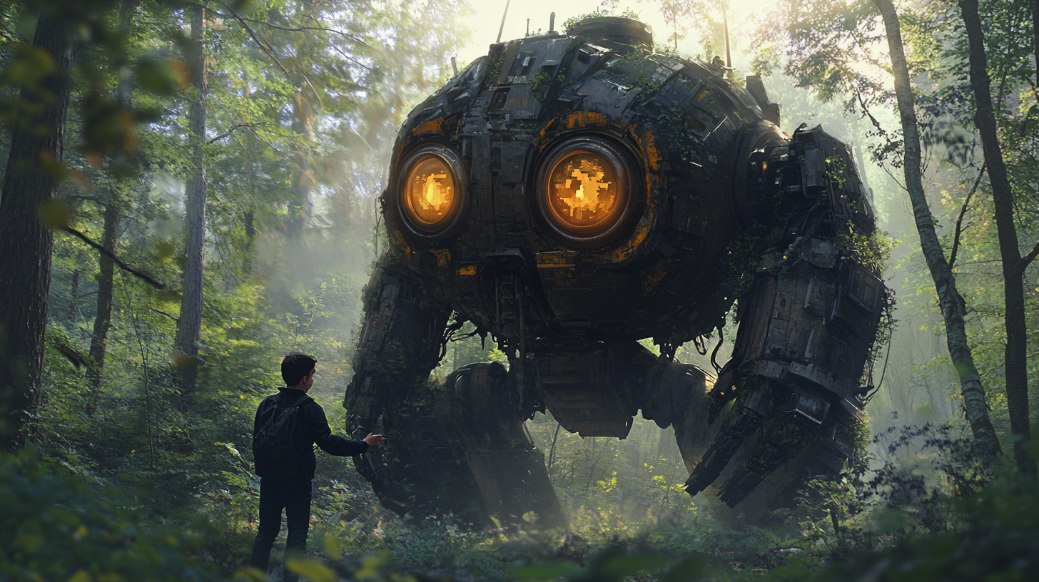 Young man discovers abandoned giant robot in forest.