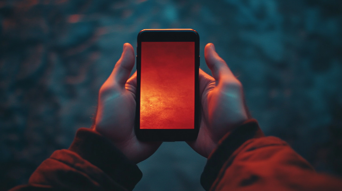 Young man holding phone, top view, mockup screen.