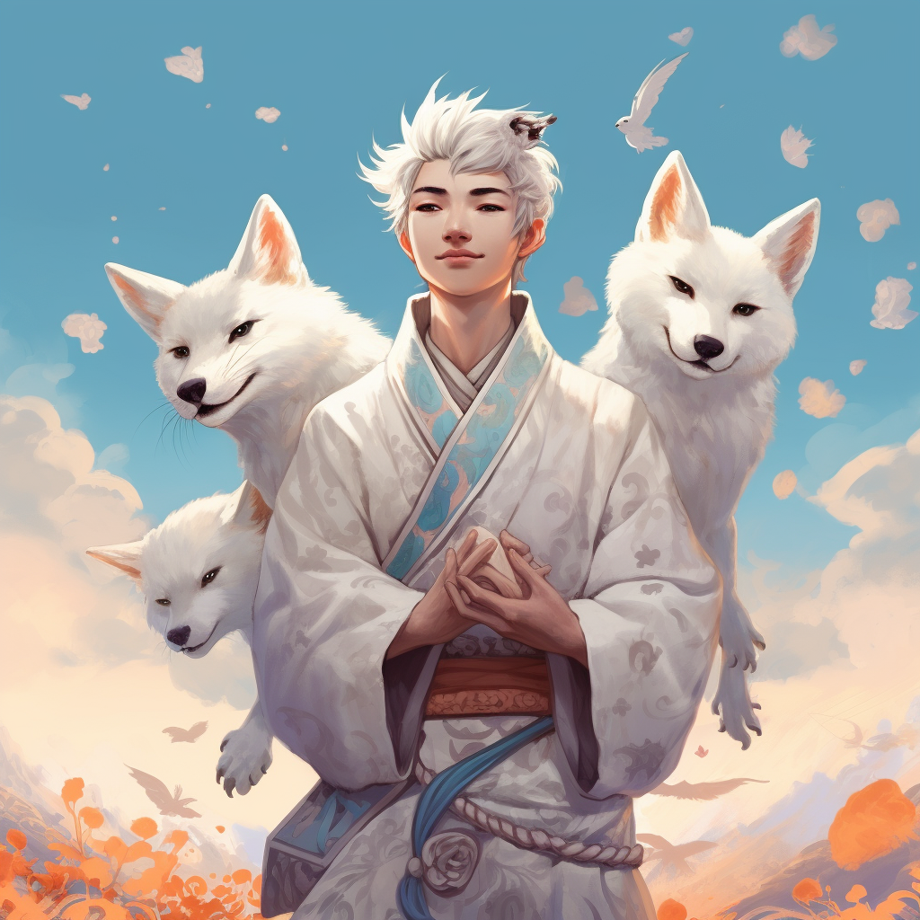 Young man in Japanese clothing with white foxes