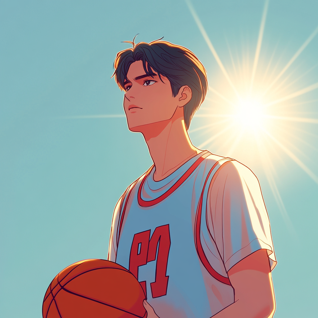 Young man in basketball jersey holding ball anime style.