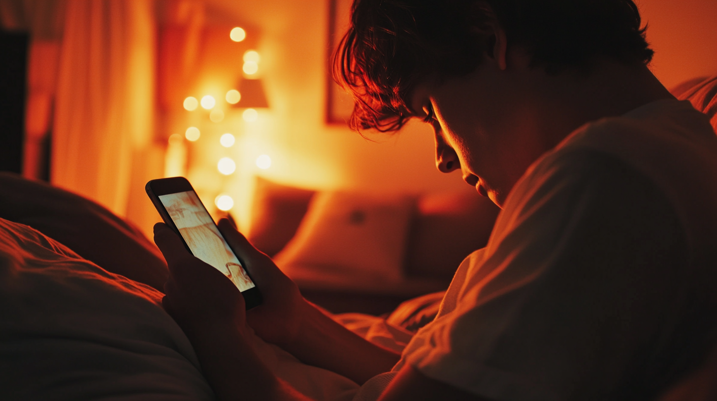 Young man in bedroom looking at phone screen closely.