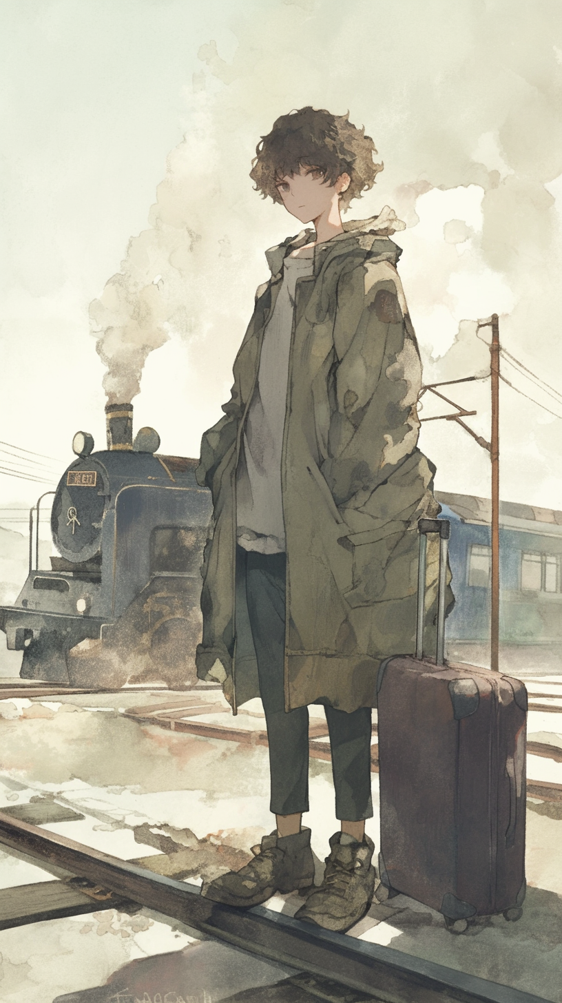 Young man in coat with suitcase at train station.