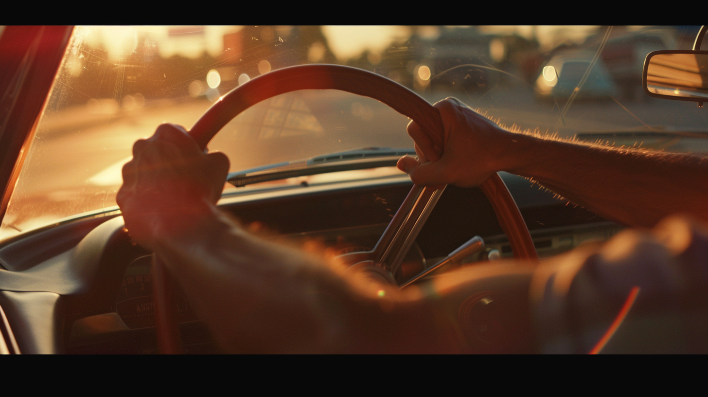 Young man in muscle car on sunset highway.