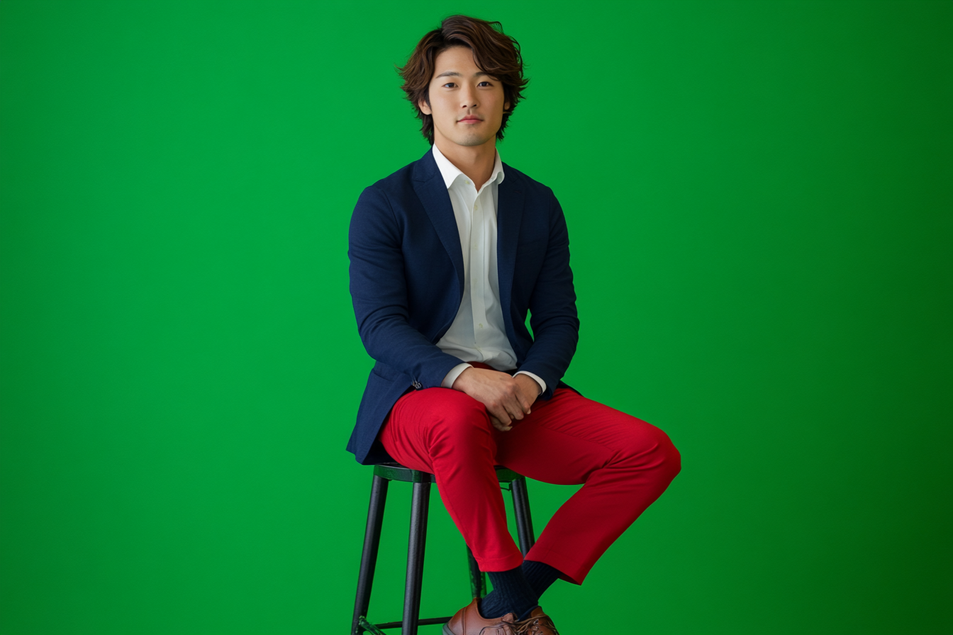 Young man in navy blazer on iron stool.