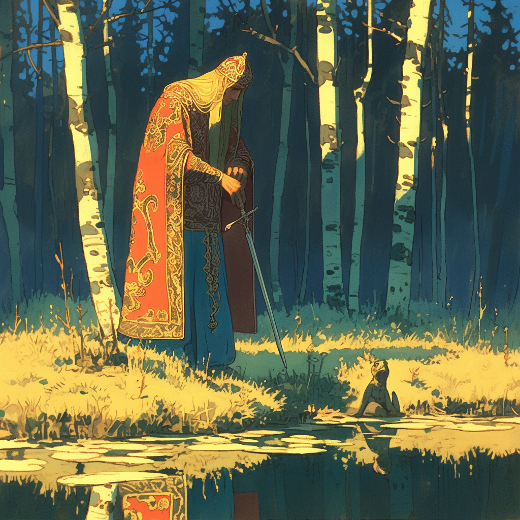 Young man in red robes with frog in forest.