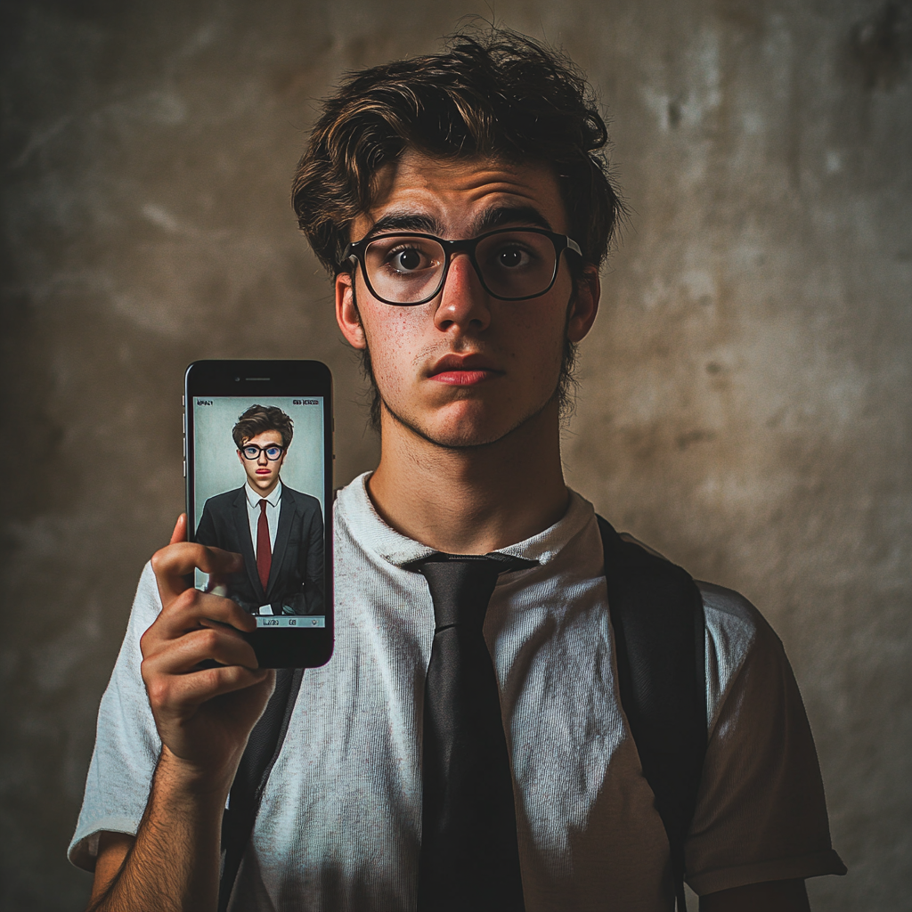 Young man in t-shirt, holding smartphone, seeing professional self.