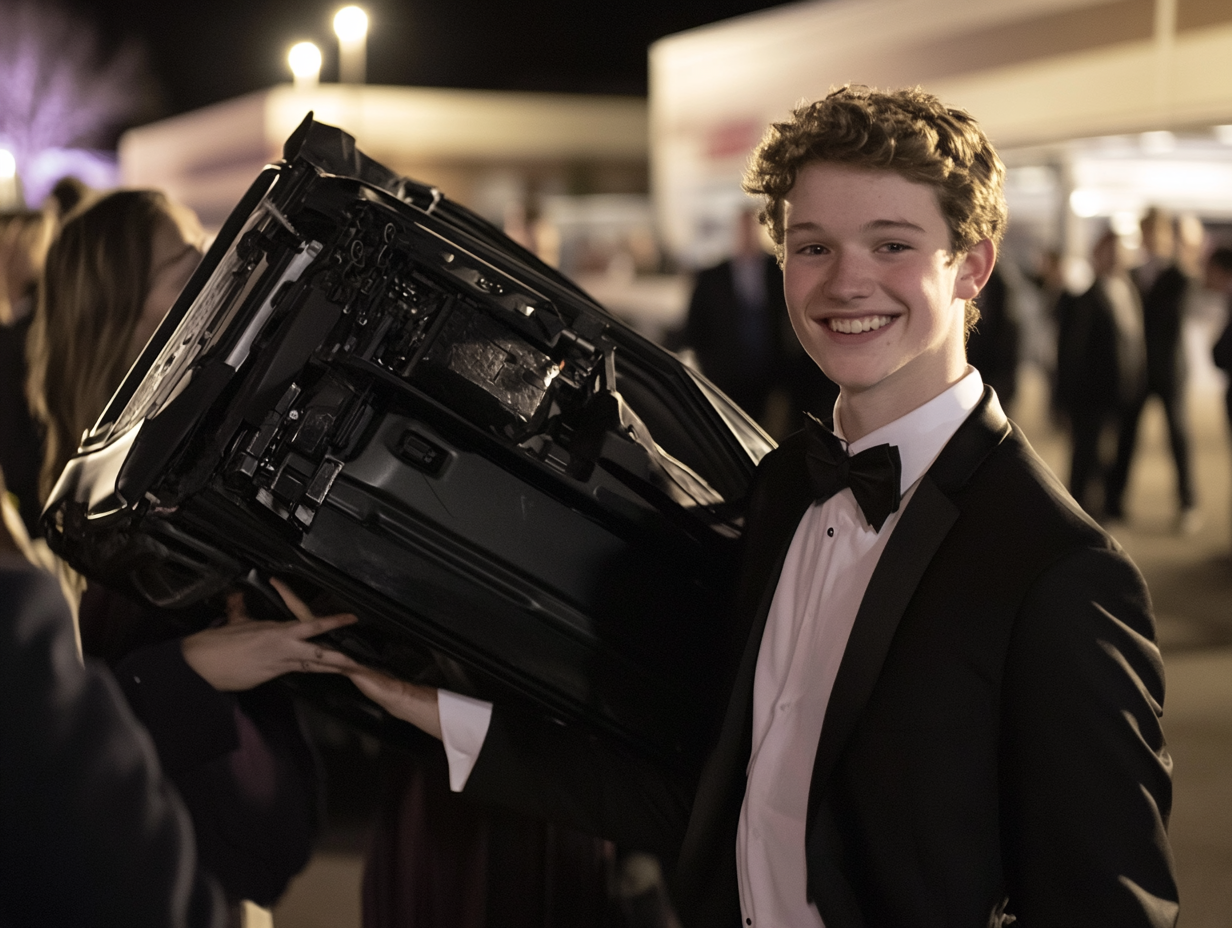 Young man in tuxedo holds hand-transport machine, smile.