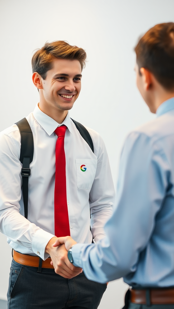 Young man in white shirt and red tie hired.