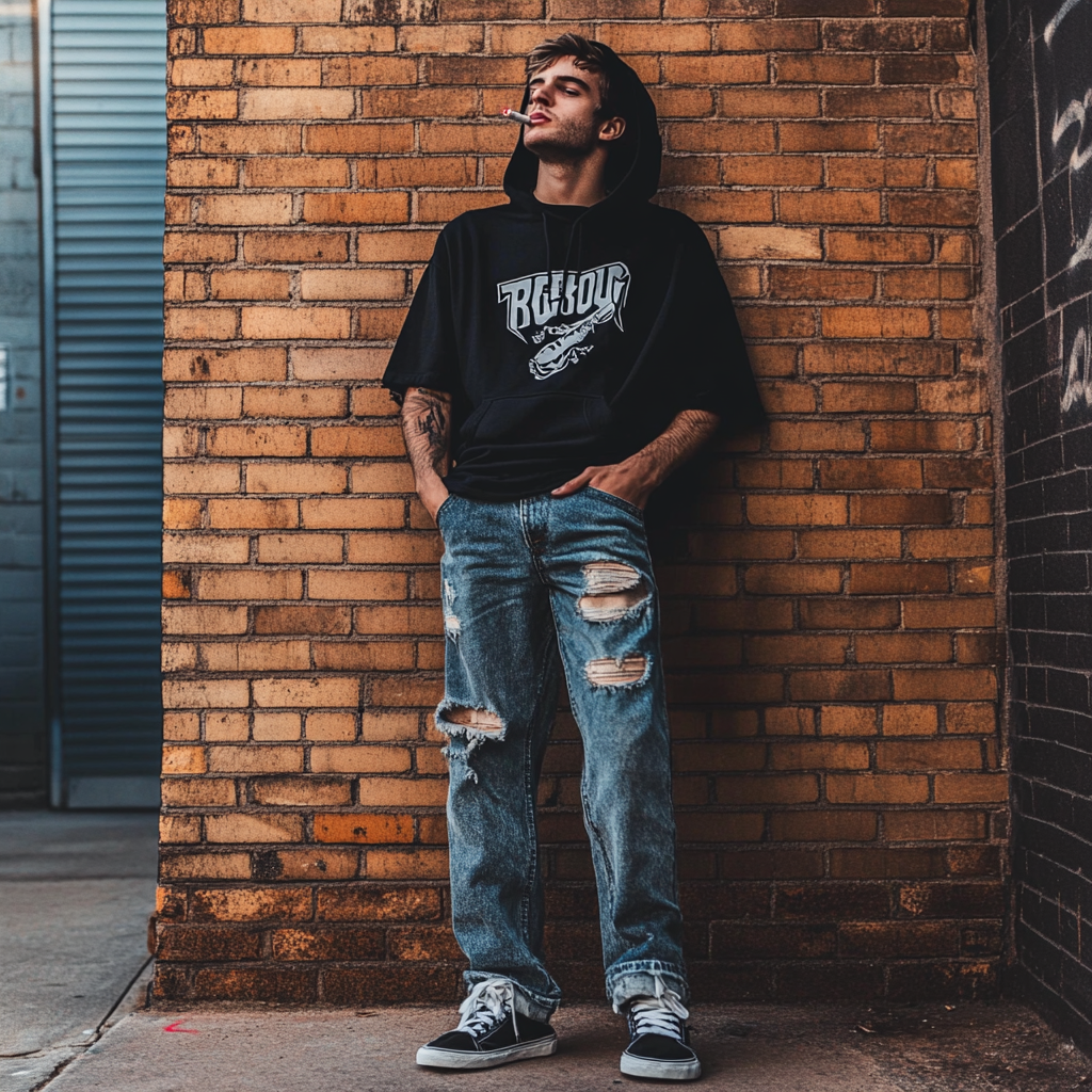 Young man in worn jeans and sneakers smokes cigarette.