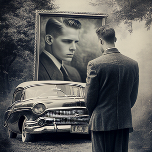 ALT Image Text: Elegant young man leaving past driving a vintage car